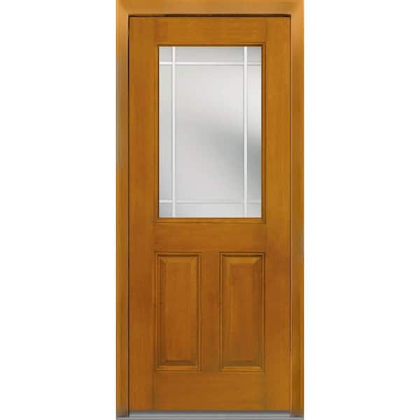 MMI Door 36 in. x 80 in. Internal Grilles Left-Hand Inswing 1/2-Lite Clear 2-Panel Stained Fiberglass Mahogany Prehung Front Door