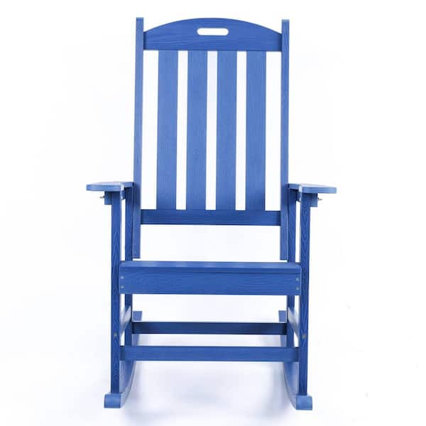 Navy Blue Wood Outdoor Rocking Chair with Wide Armrests and Spacious Seat