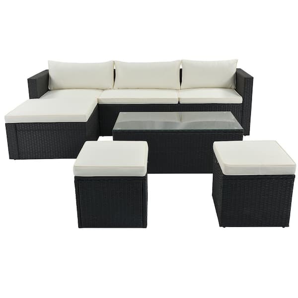 Unbranded Black 5-Piece Wicker Outdoor Sectional Set with Beige Cushions
