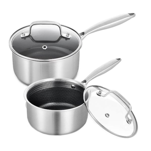 1.5 qt. and 2.5 qt. Tri-Ply Clad Stainless Steel Nonstick Sauce Pan Set Hybrid Coating with Lid Induction, 2-Pack