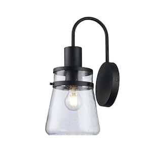 1 Light Black Outdoor Wall Light Fixture with Seeded Glass