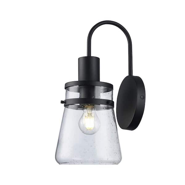 1 Light Black Outdoor Wall Light Fixture with Seeded Glass