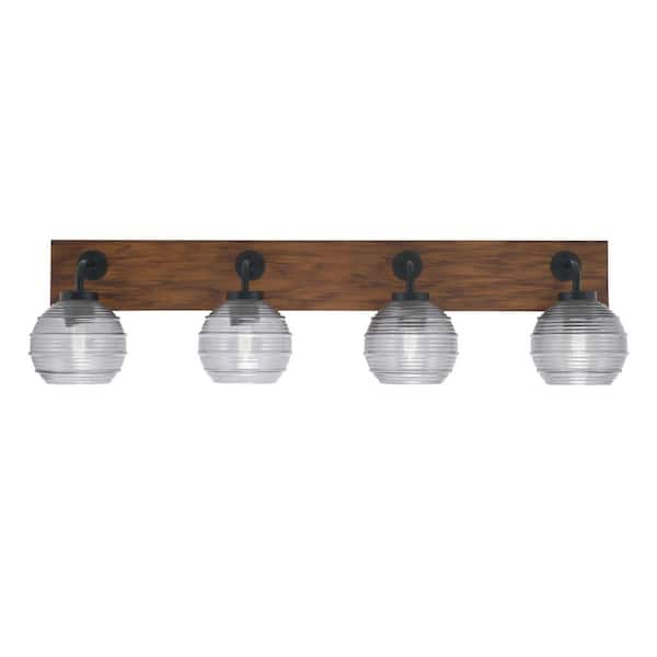 Unbranded Kirby 36.5 in. 4 Light Black and Painted Wood-look Vanity Light with 6 in. Clear Ribbed Glass Shades No Bulbs Included