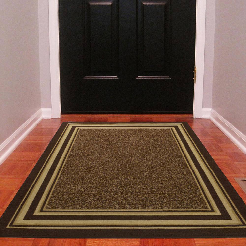 Brown Bordered Machine Washable Area Rug with Non-Slip Backing