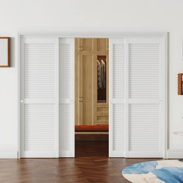 96 in. x 80 in. White Louver MDF Sliding Door Panel with Handle and Hardware Track Kit and Floor Guide, Finished Doors