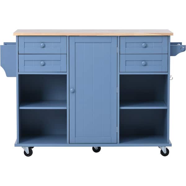 Tileon Blue MDF Kitchen Island with Rubber Wood Top, Drawers, Adjust Shelves, Spice Rack and Hooks