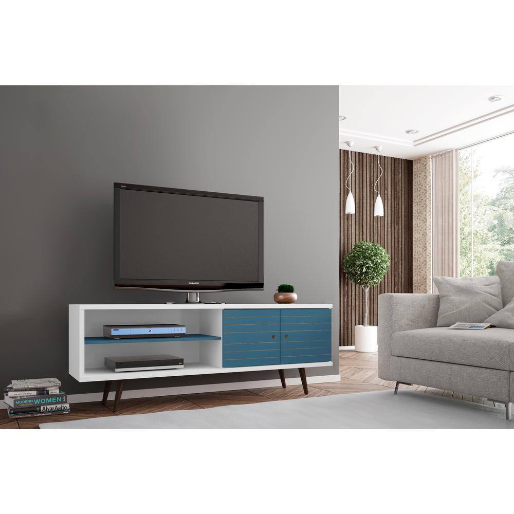 Aqua Blue and White Mid-Century Modern 63" TV Stand with Cabinet