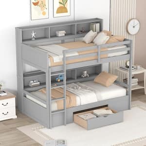 Gray Twin Size Bunk Bed with Built-in Shelves and Storage Drawer