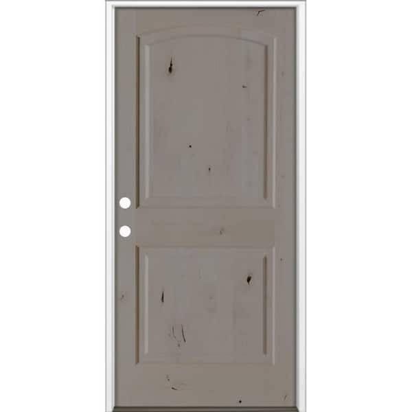 Krosswood Doors 42 in. x 80 in. Rustic Knotty Alder 2Panel Arch Top Right-Hand/Inswing BEHR Weathered Gray Stain Wood Prehung Front Door