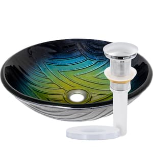 Miscela Hand Painted Ombre Navy to Yellow Glass Round Bathroom Vessel Sink with Drain in Chrome