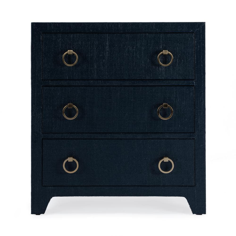 Navy Oak Raffia 3-Drawer Nightstand with Brass Pulls