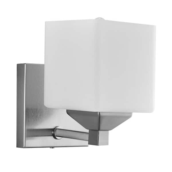 Sunlite 6 in. 1-Light Brushed Nickel Modern Square Vanity Light with Frosted White Shade