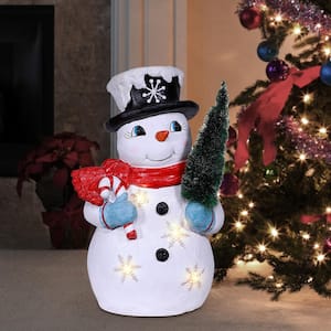 25 in. Tall Vintage Snowman Holding Tree with Warm White LED Lights
