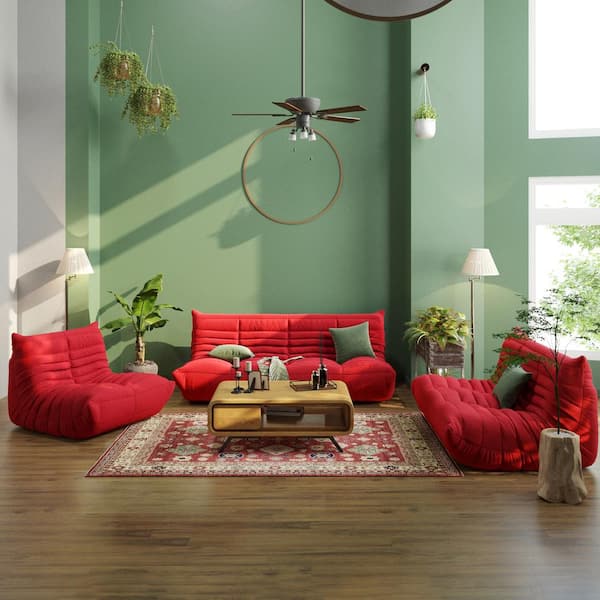 J&E Home 69 in. W Armless Teddy Velvet 3-piece Modular Free Combination Sectional Sofa with Ottoman in. Red