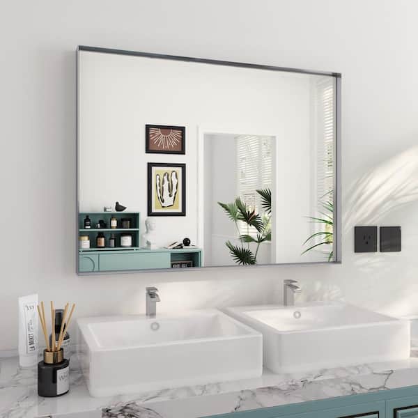 FAMYYT Trea 40 in. W x 30 in. H Large Rectangular Aluminum Beveled Square Angle Framed Wall Bathroom Vanity Mirror in Silver