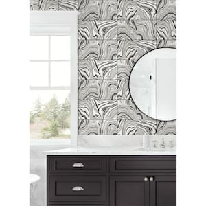 30.75 sq. ft. Luxe Haven Ebony & Metallic Silver Marbled Tile Vinyl Peel and Stick Wallpaper Roll
