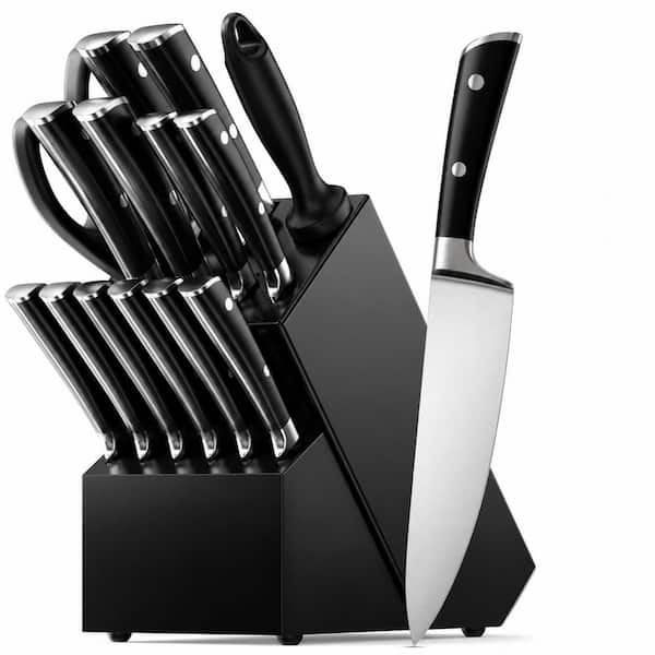 15-Piece High Carbon Stainless Steel Kitchen Knife Set with Block, Sharpener and Dark Black Handles
