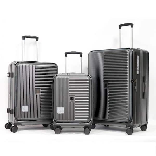 3-Piece Cement Grey ABS Plastic Hardside Spinner Luggage Set with Front Opening, TSA Lock and Expandable Design