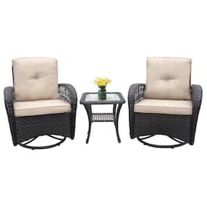 3-Piece Wicker Outdoor Patio Conversation Set with Khaki Cushions Rocking Chair with Glass Top Side Table