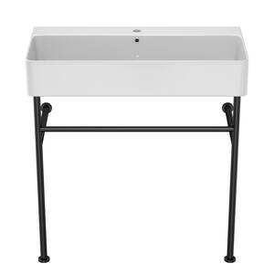 32 in. W White Ceramic Rectangular Console Sink Basin and Legs Combo with Overflow and Black Legs