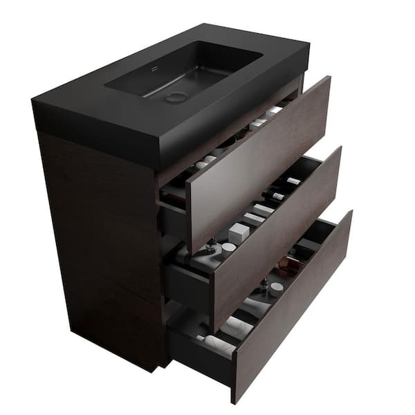 36 in. Single Sink Freestanding Rose Wood Bath Vanity with Black Solid Surface Top Unassembled without Drain and Faucet