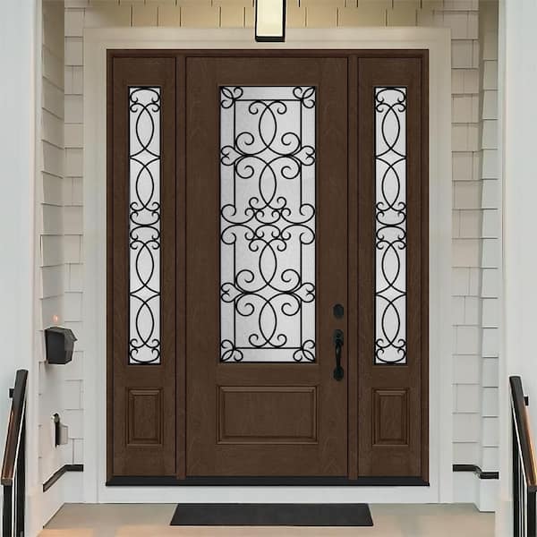 Regency 64 in. x 96 in. 3/4Lite Georgian Decorative Glass RHOS Hickry Mahogny Fiberglass Prehung Front Door w/Dbl12in.SL