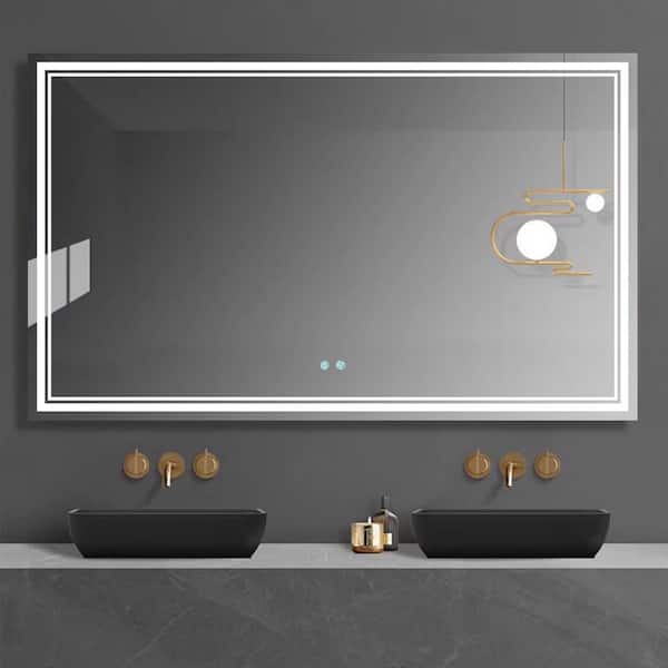 WELLFOR 60 in. W x 36 in. H Rectangular Frameless Wall Mounted LED Anti-Fog Bathroom Vanity Mirror in Silver