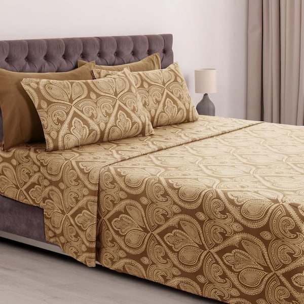 Lux Decor 6-Piece Microfiber Sheet Set Paisley Pattern with Deep Pocket Fitted Sheet & Pillowcases-Queen Brown