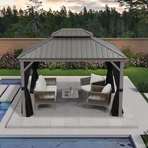 10 ft. x 12 ft. Light Gray Patio Outdoor Gazebo for Backyard Hardtop Aluminum Frame with Upgrade Curtain and Netting