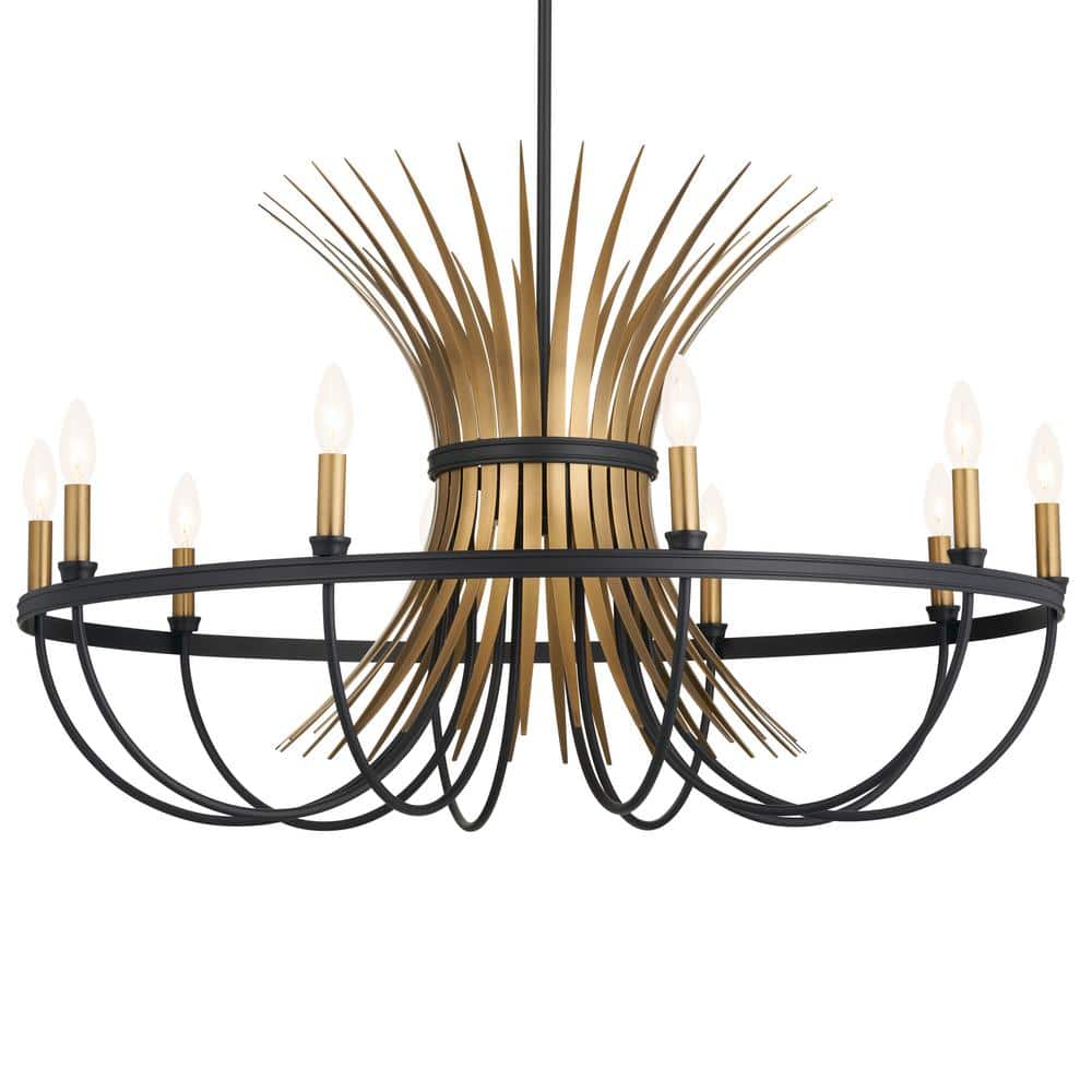 Baile Elegant Black 10-Light Taper Candle Chandelier with Vintage Brass Accents