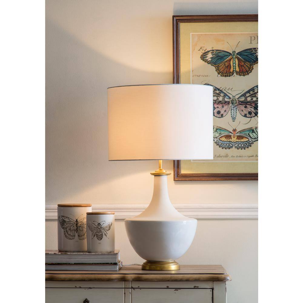 White Ceramic Table Lamp with Linen Shade and Gold Accents