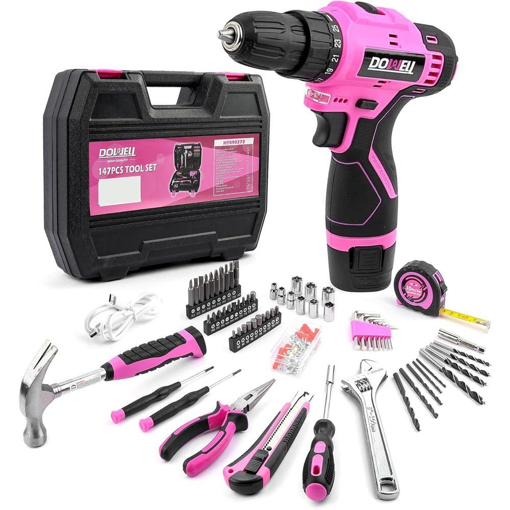 Afoxsos 147-Piece Pink 12-Volt Cordless Drill Tool Kit with