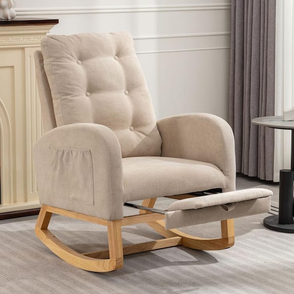 Beige Nursery Rocking Chair with Footrest High Back Upholstered Glider Chair Accent Armchair with Side Pocket Wood Legs