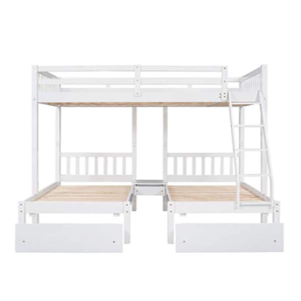 Unbranded White Full Over Twin Wood Triple Bunk Bed with Drawers and Guardrails