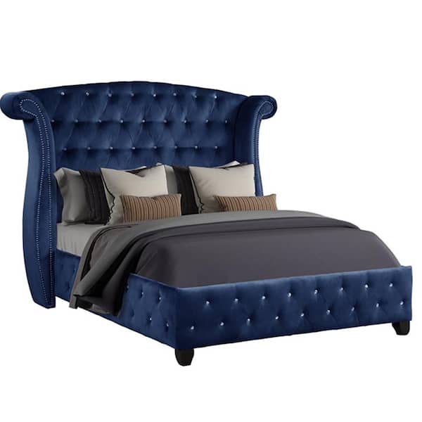 LUCKY ONE Lucky Start 85.50 in. W 100% Blue Polyester Upholstered Solid and Manufactured Wood Platform Bed Frame with Wingback