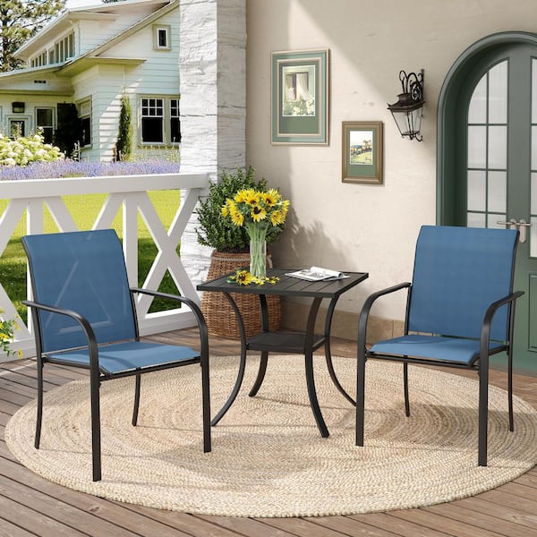 3-Piece Metal Patio Dining Set with Black Square Table and 2 Blue Dining Chairs for Outdoor Use