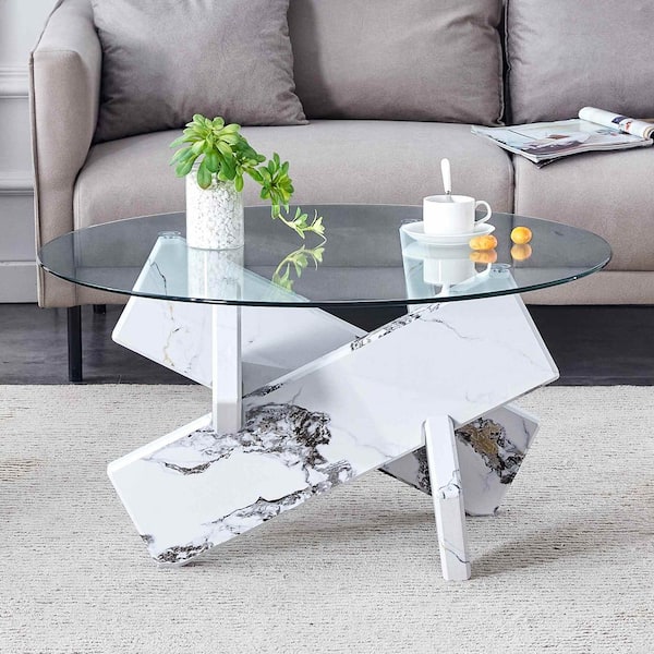 Polibi Modern 33.4 in. White Round Glass Coffee Table