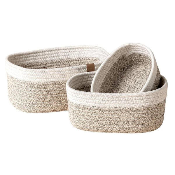 Afoxsos White and Desert Small Rectangular Portable Cotton Woven Organizer Basket for Storage, Bathroom Shelve and Set of 3