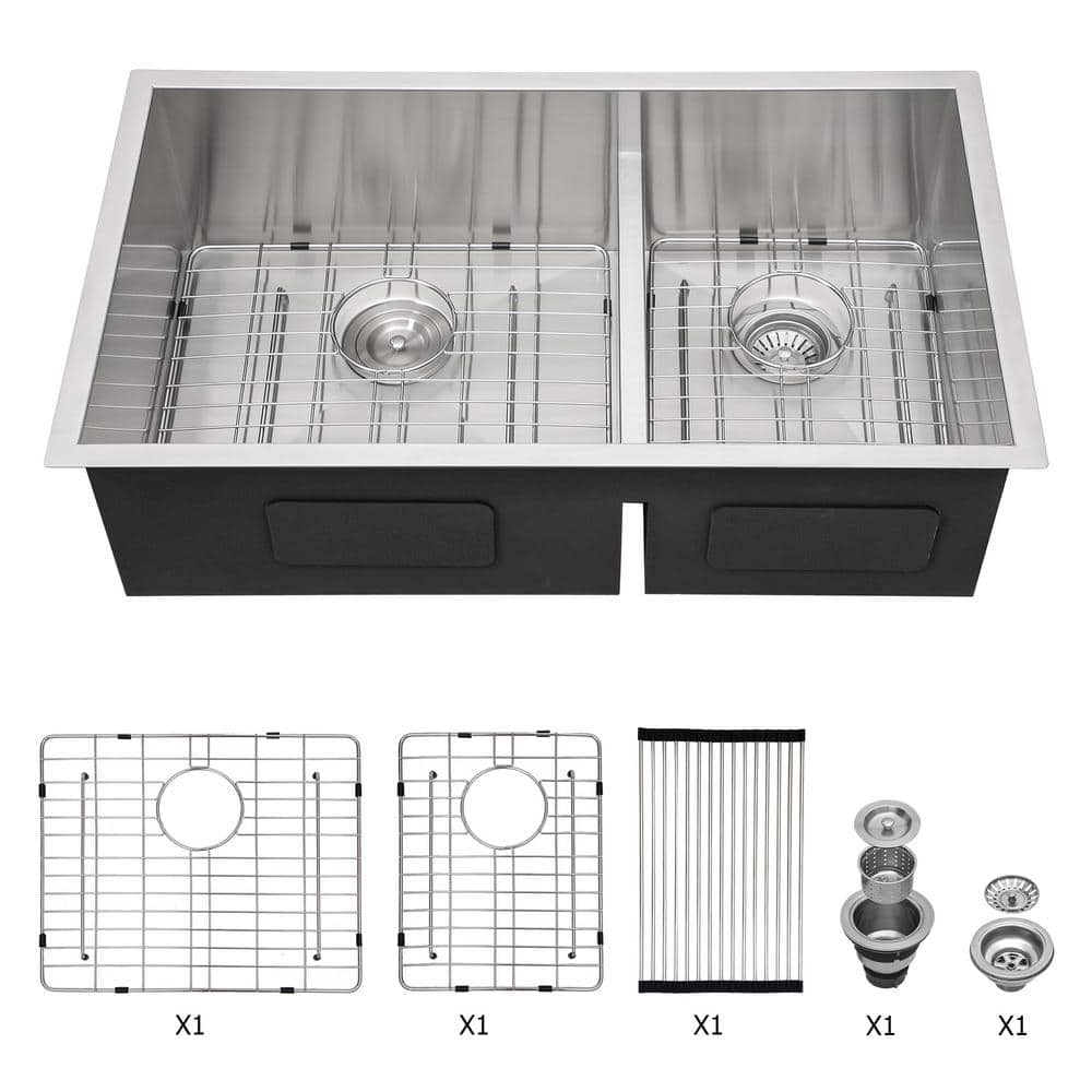 28 in. Undermount Double Bowl 16 Gauge Brushed Nickel Stainless Steel Kitchen Sink with 2 Bottom Grids