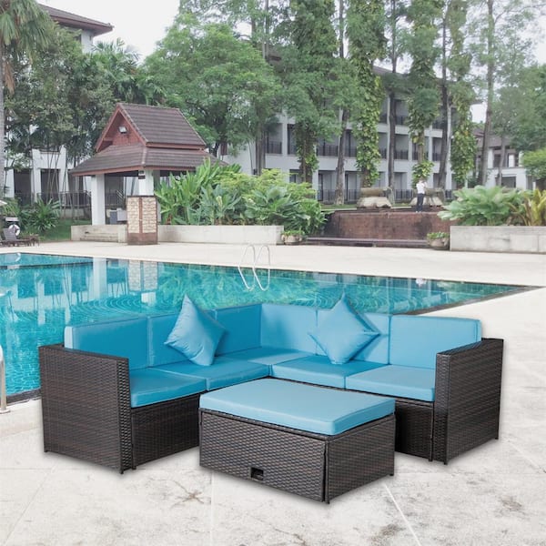 Afoxsos 4-Piece Rattan Wicker Outdoor Sectional Sofa Set with Blue Cushions, Pillows and Multi-Functional Storage Table