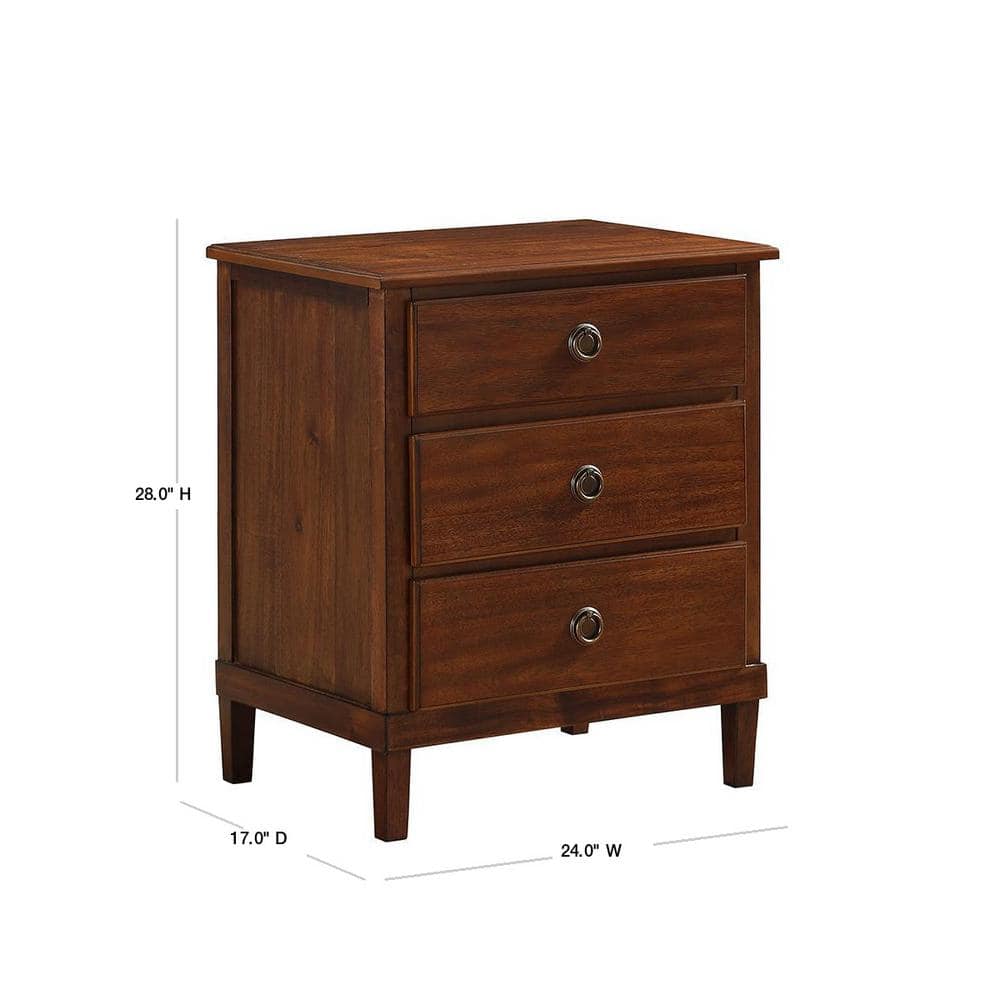 Cambridge Brown Acacia Veneer 3-Drawer Nightstand