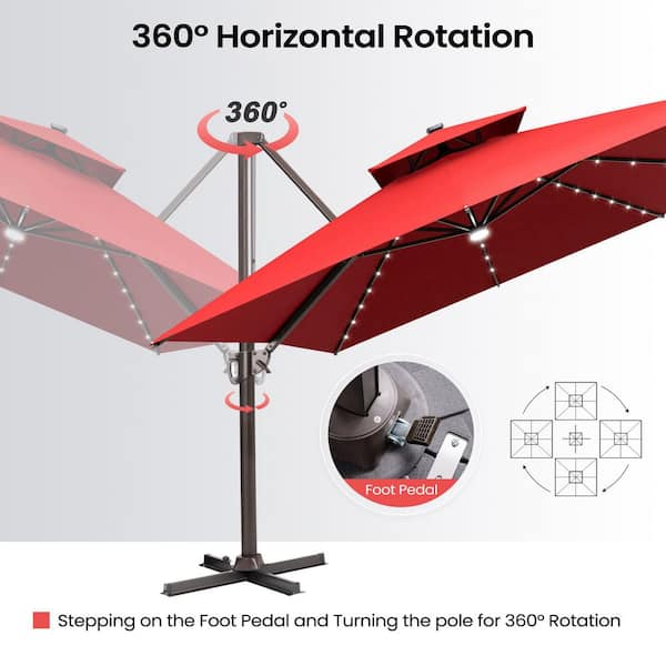 Crestlive Products 13 ft. x 10 ft. Solar Lighted Patio Cantilever Umbrella  360 Rotation Aluminum Offset Umbrella with Cross Stand in Red CL-PU86LRED  - The Home Depot