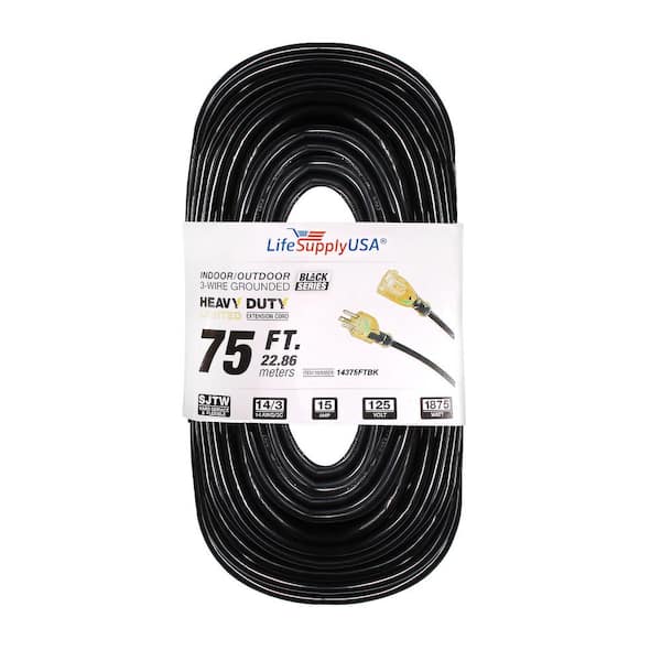 LifeSupplyUSA 14/3 75 ft. SJTW 13 Amp, 125-Volt 1625-Watt Lighted End Indoor/Outdoor Black Heavy-Duty Extension Cord (20-Pack)