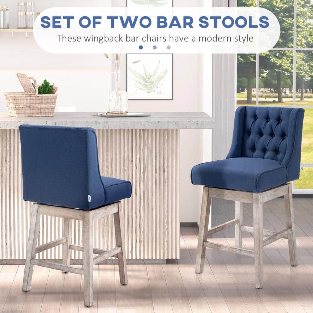 Blue Tufted Swivel Bar Stools with Wood Footrests, Set of 2