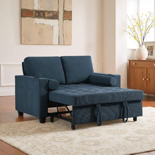 55.53 in. W Navy Corduroy Convertible Full Size Sofa Bed with USB Port, Storage Pocket(Set of 1)