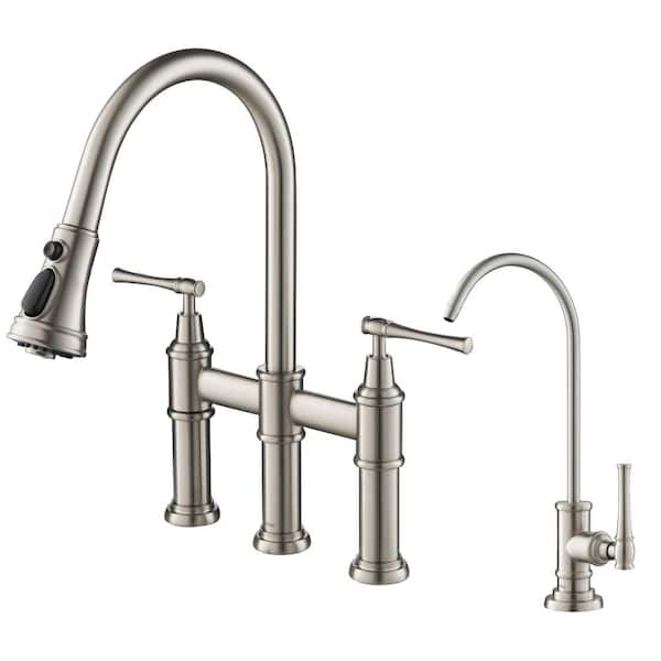 KRAUS Allyn Double Handle Transitional Bridge Kitchen Faucet And Beverage Faucet In Spot Free