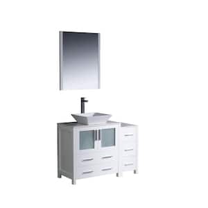 Torino 42 in. Vanity in White with Glass Stone Vanity Top in White with White Basin and Mirror (Faucet Not Included)