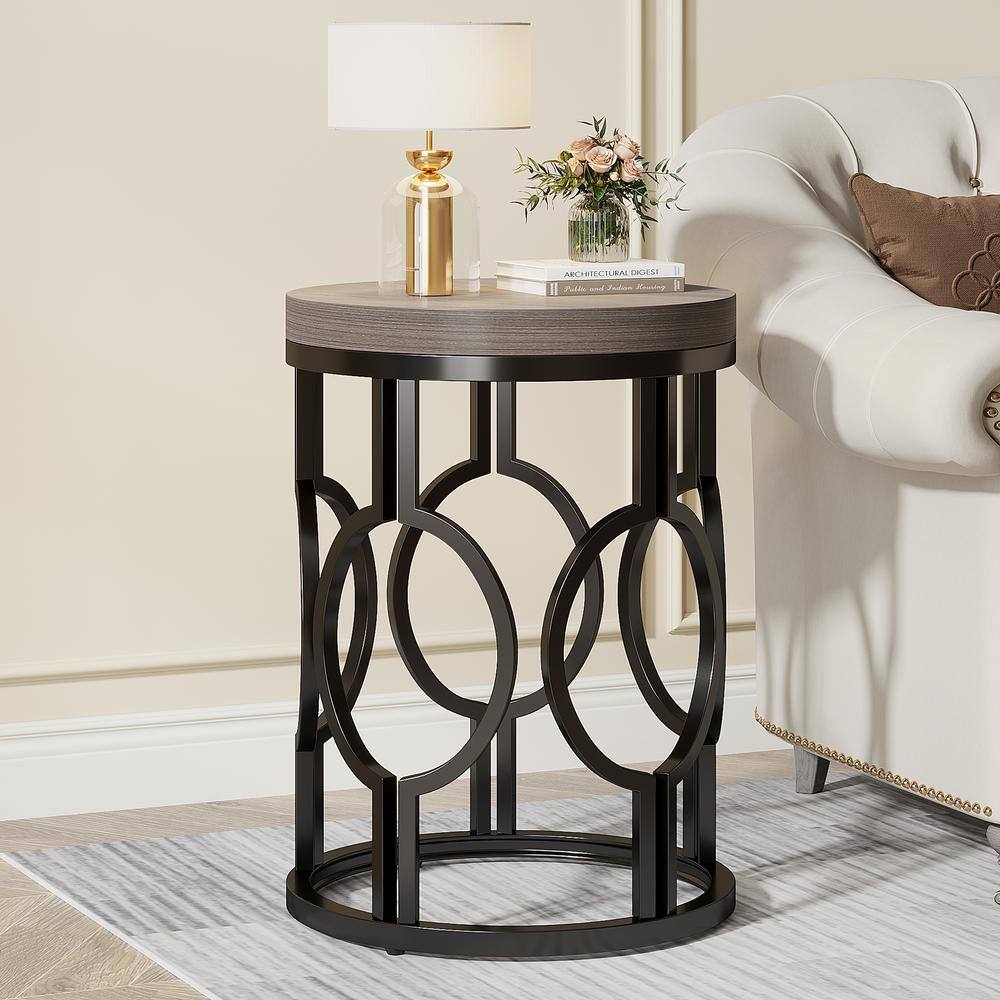 17.72 in. Rustic Brown Round Engineered Wood End Table, Side Table Nightstand with Metal Hollow Frame