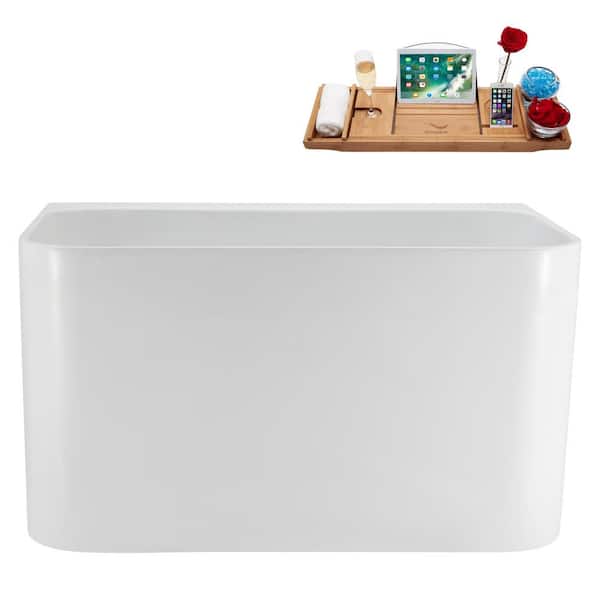47 in. x 28 in. Acrylic Freestanding Soaking Bathtub in Glossy White with Matte Black Drain, Bamboo Tray