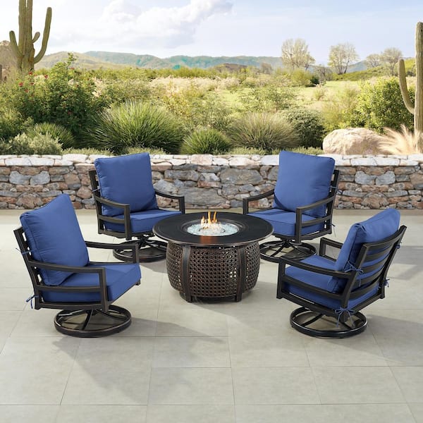 Oakland Living Black 7-Piece Aluminum Patio Fire Pit Set with 4-Club Chairs Blue Cushions